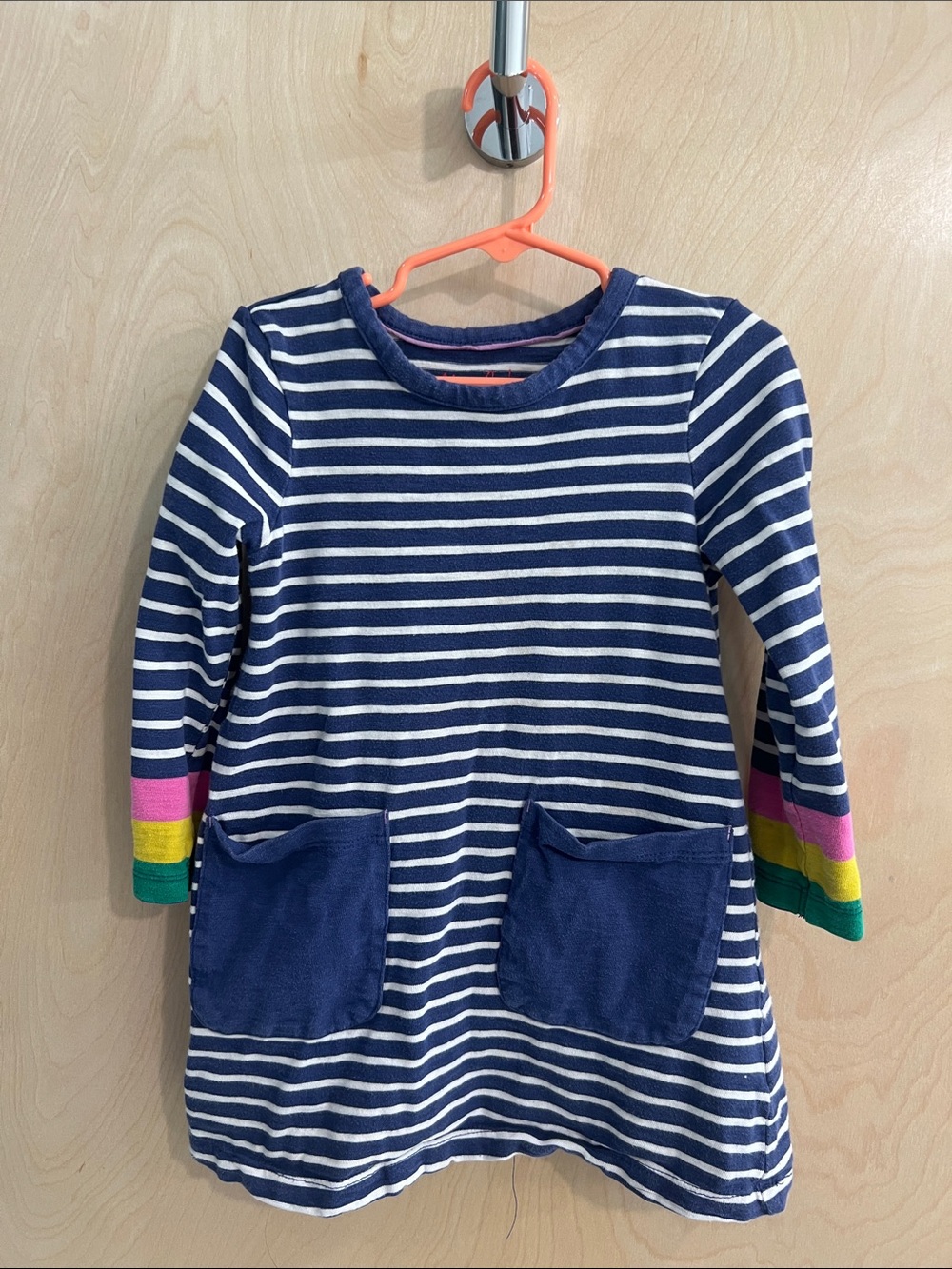 Mini Boden Navy and White Stripe Long-Sleeve Dress with Rainbow Cuffs